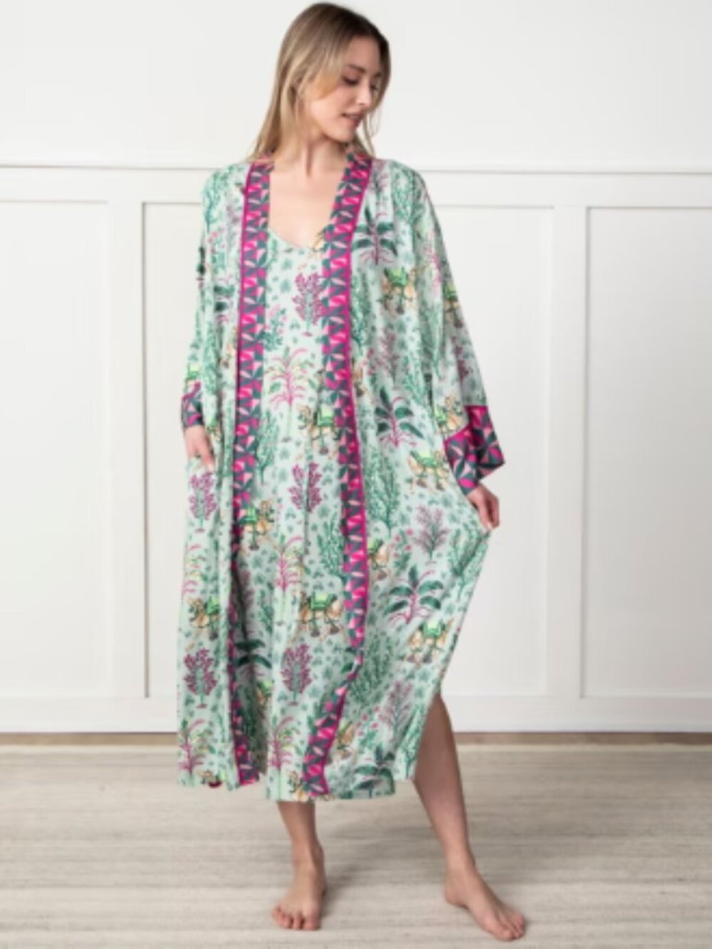Printfresh Camel’s Courtyard Eco Satin Robe Avocado S/M
